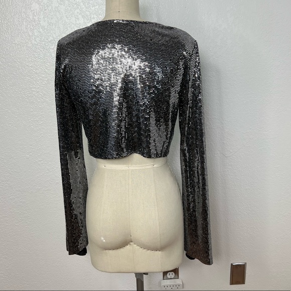 Vintage studio 54 Y2K silver black sparkle disco ball effect crop top S - Picture 3 of 6